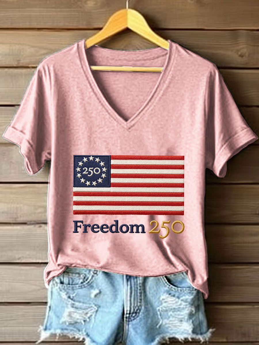 Women's Freedom 250th Anniversary Embroidered V-Neck T-Shirt