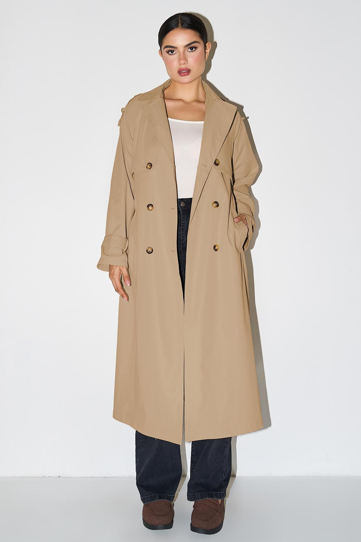 Classy Notch Lapel Double Breasted Belt Decor Trench Coat