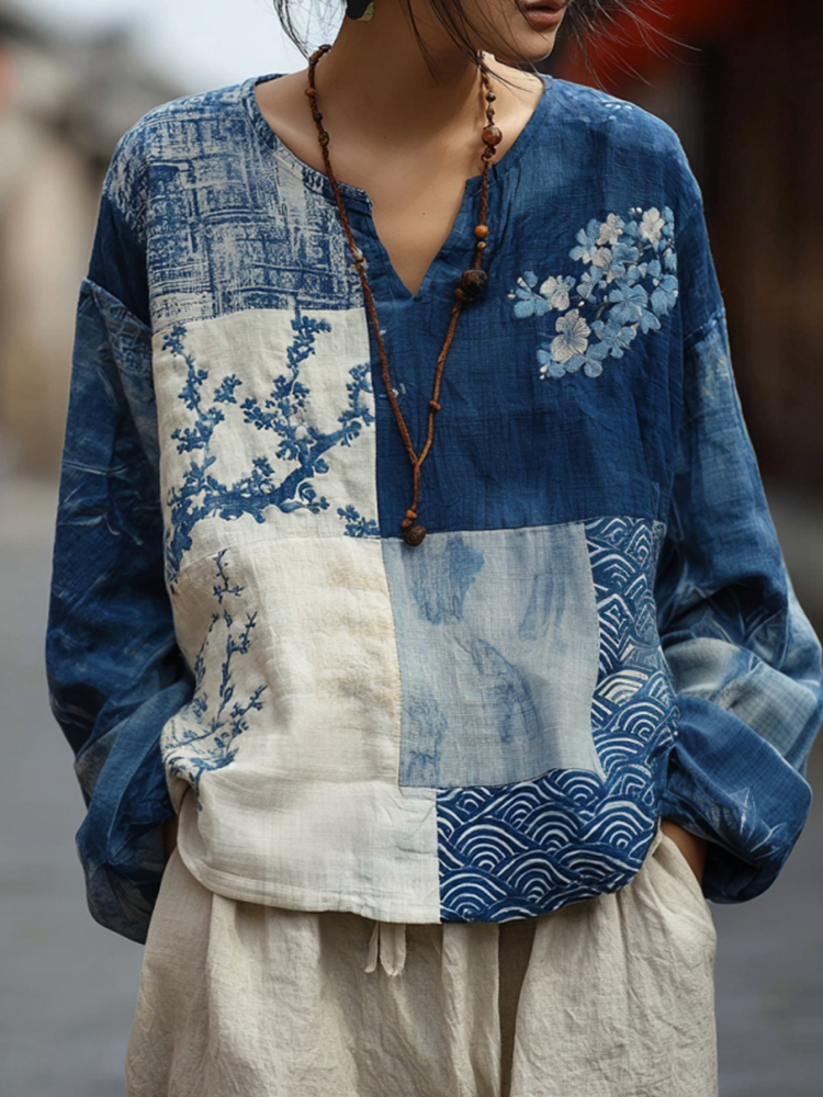Women's Japanese Traditional Sashiko Floral Patchwork Art V-neck Shirt