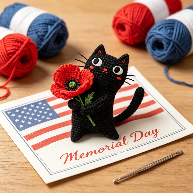 Unisex Memorial Day Poppy Cat Handcrafted Keepsake