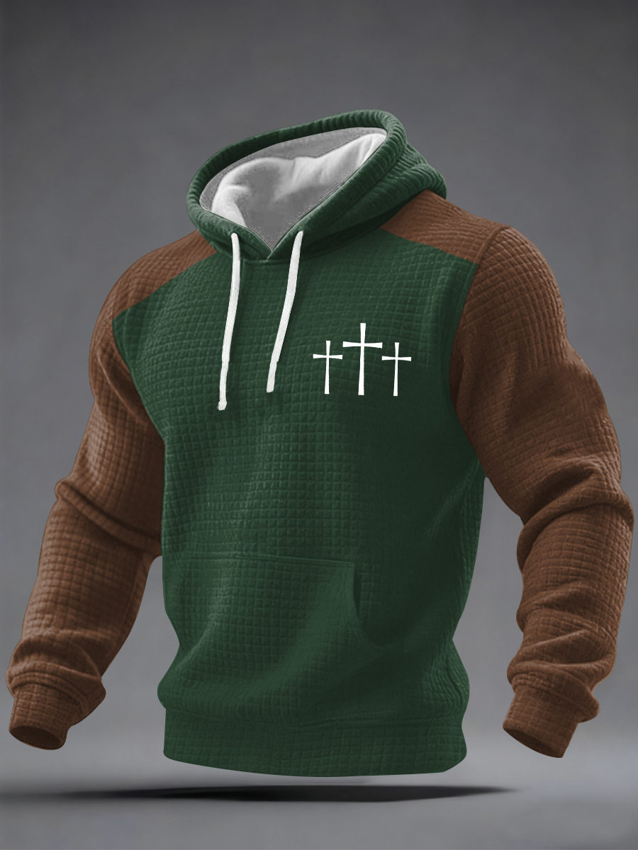 Men's Cross Faith Print Casual Checkered Hoodie