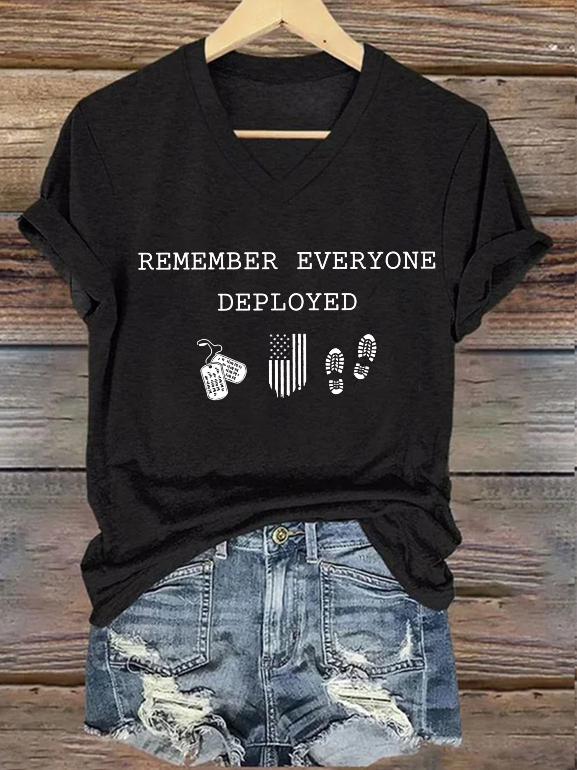 Women's On Fridays We Wear RED Remember Everyone Deployed Print V Neck T-shirt