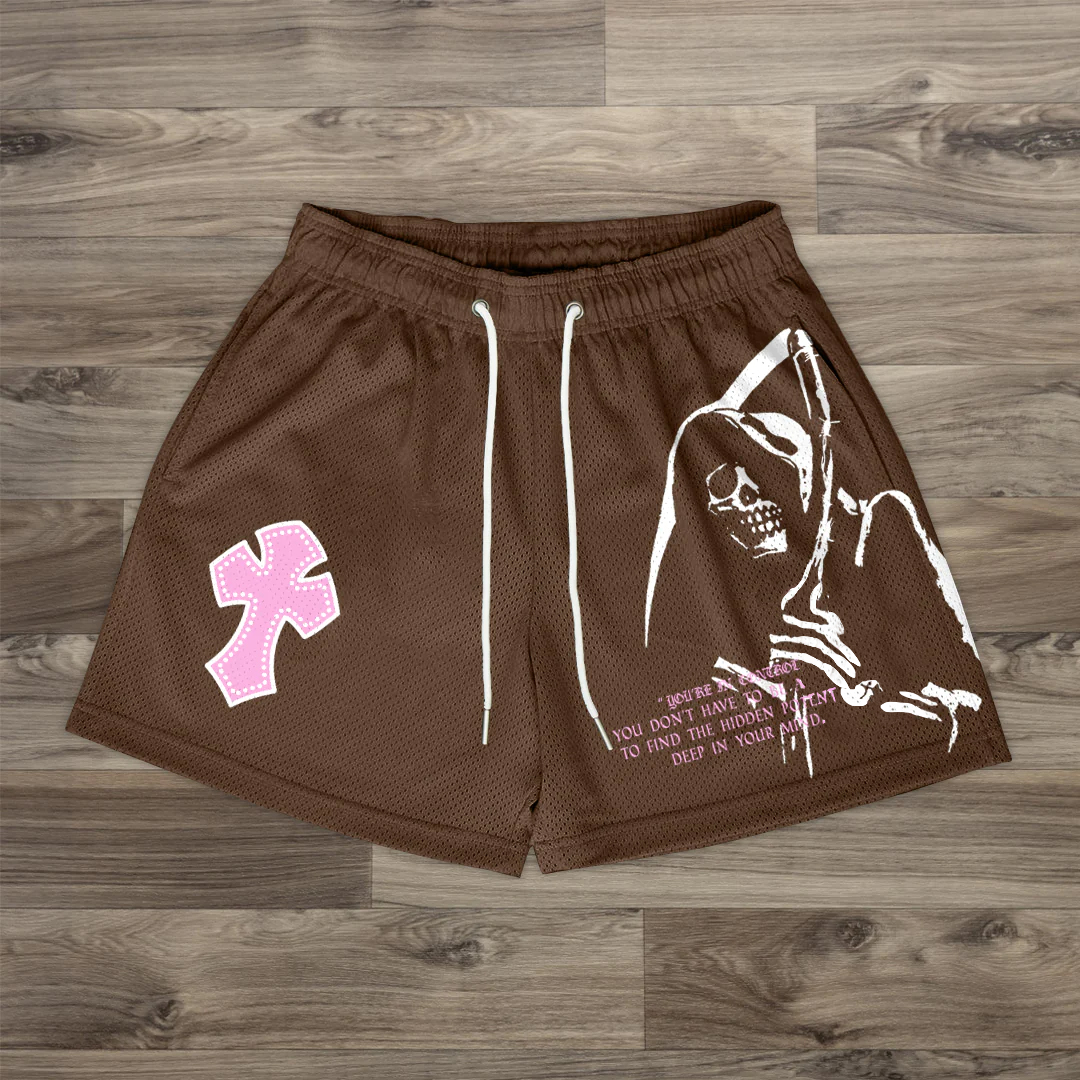 Grim Reaper Cross Print Mesh Shorts