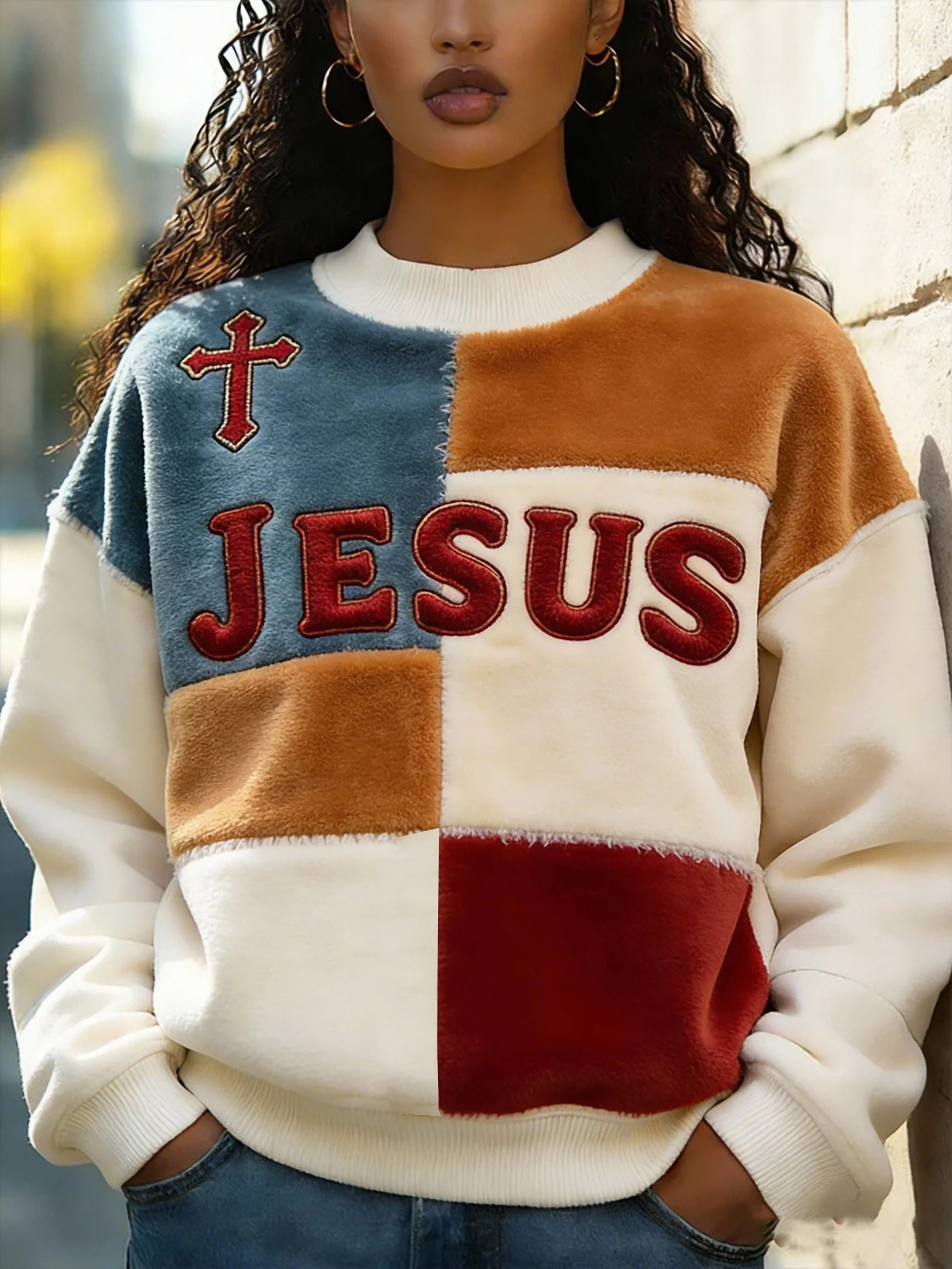 Women's Jesus Faith Cross Geometric Color Block Print Casual Sweatshirt-Fast Shipping
