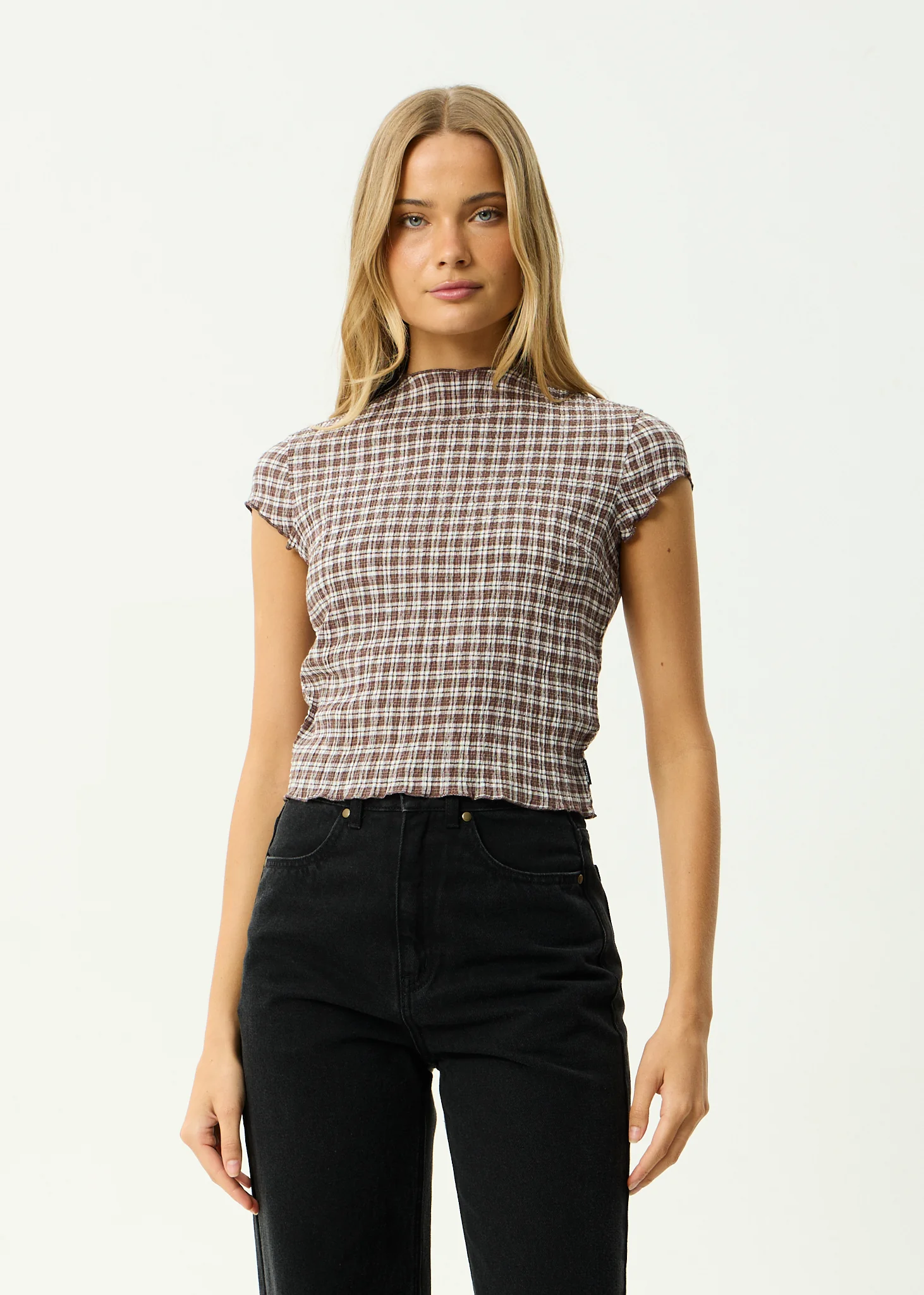 AFENDS Womens Wren - Seersucker Top - Coffee Check