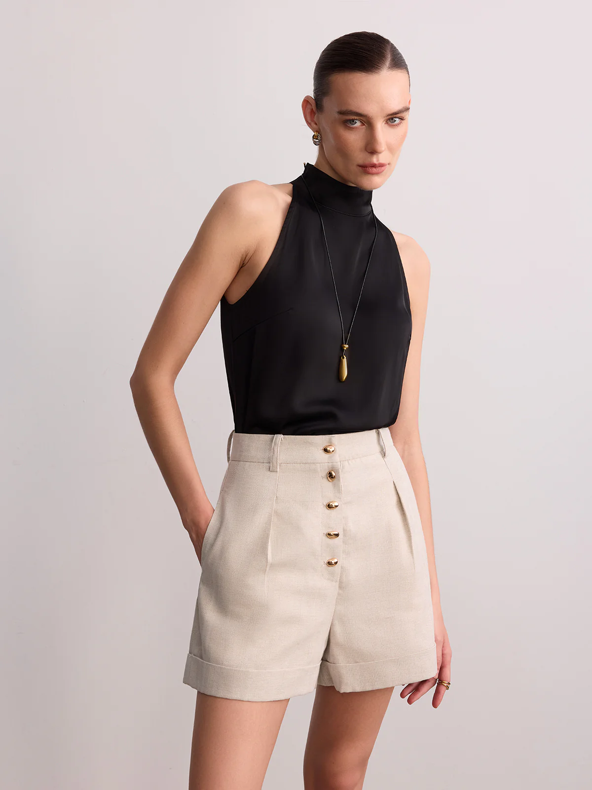 Metal Button Cotton Linen Cuffed Shorts