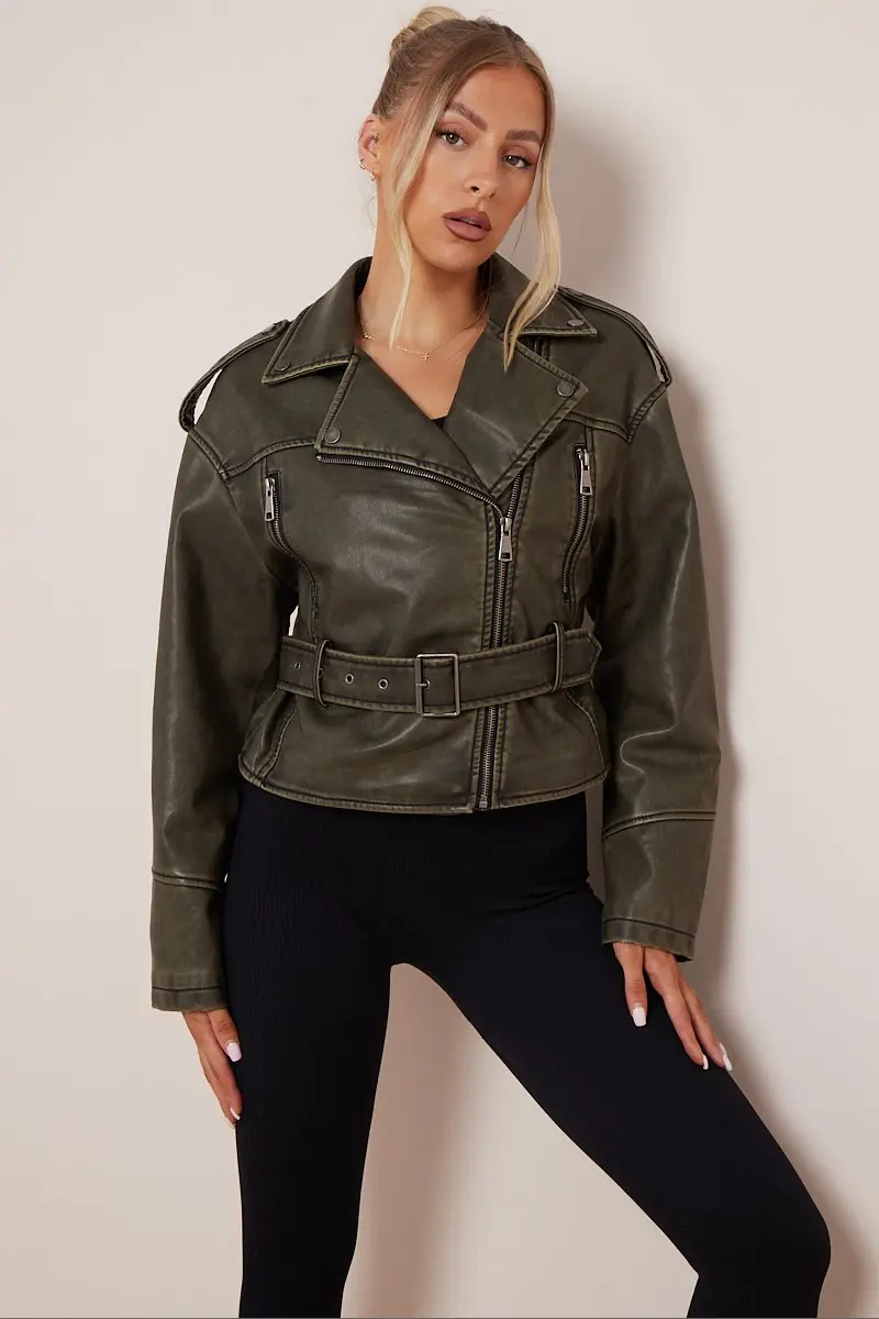 Vintage Zipper Belt Decor PU Biker Jacket