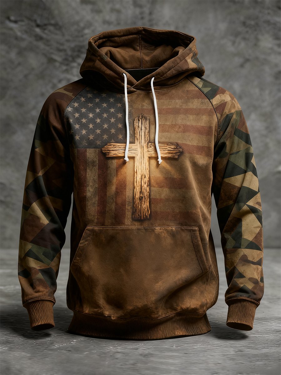 Men's Vintage Faith American Flag Camo Raglan Hoodie