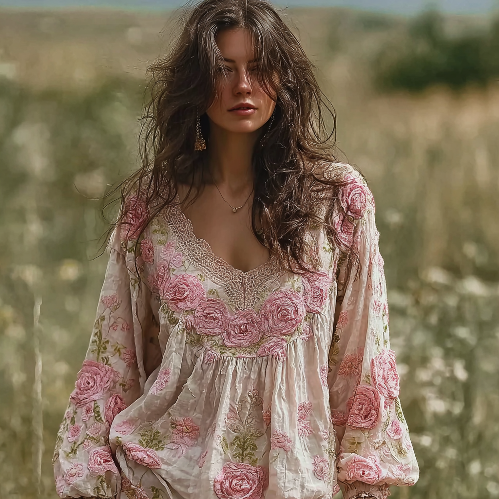 Bohemian Style Pink Floral Design V-neck Long-sleeve Top