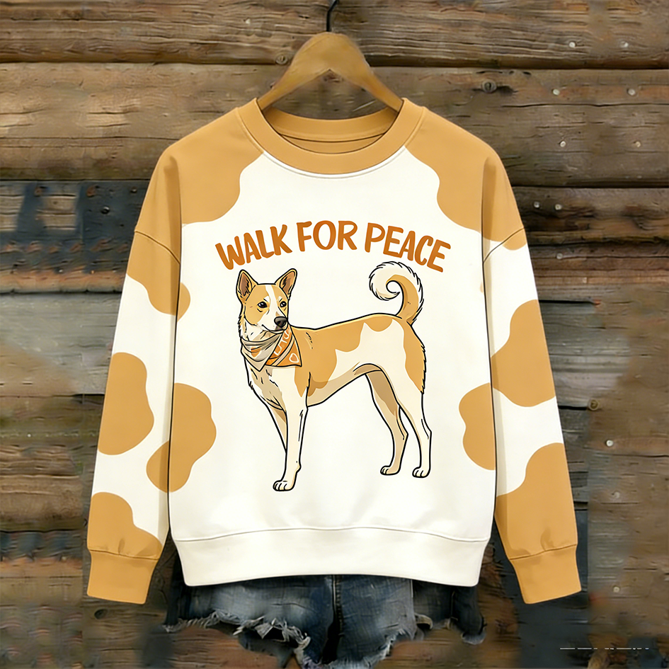 Peace Dog Pattern Printed Retro Round Neck Long Sleeve T-shirt