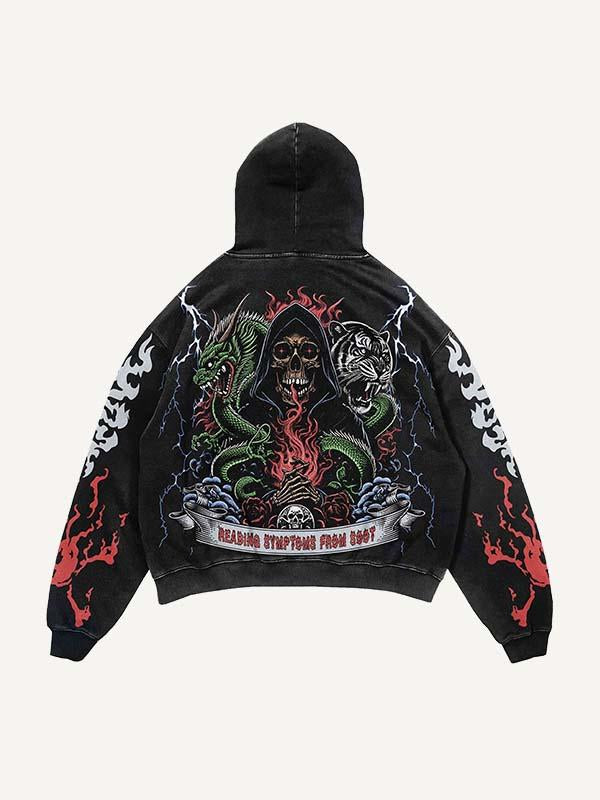 Skeleton&Dragon&Tiger&Letter&Graphic Print Slant Pockets Hoodie
