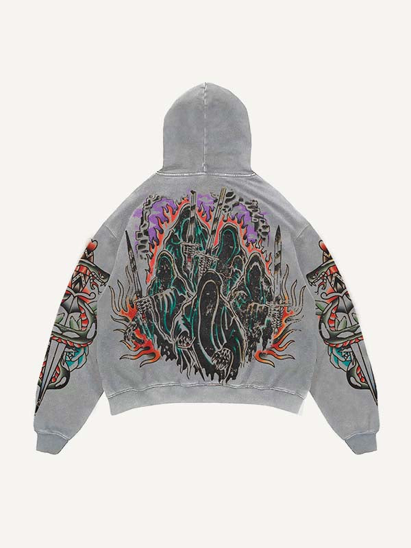 Figure&Sword&Snake&Letter Print Slant Pockets Hoodie