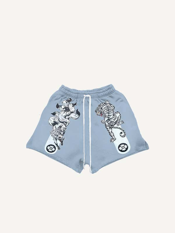Fox&Tiger&Graphic Print Drawstring Waist Shorts