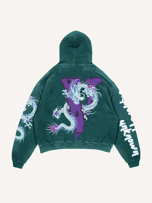Dragon&Letter Print Slant Pockets Hoodie