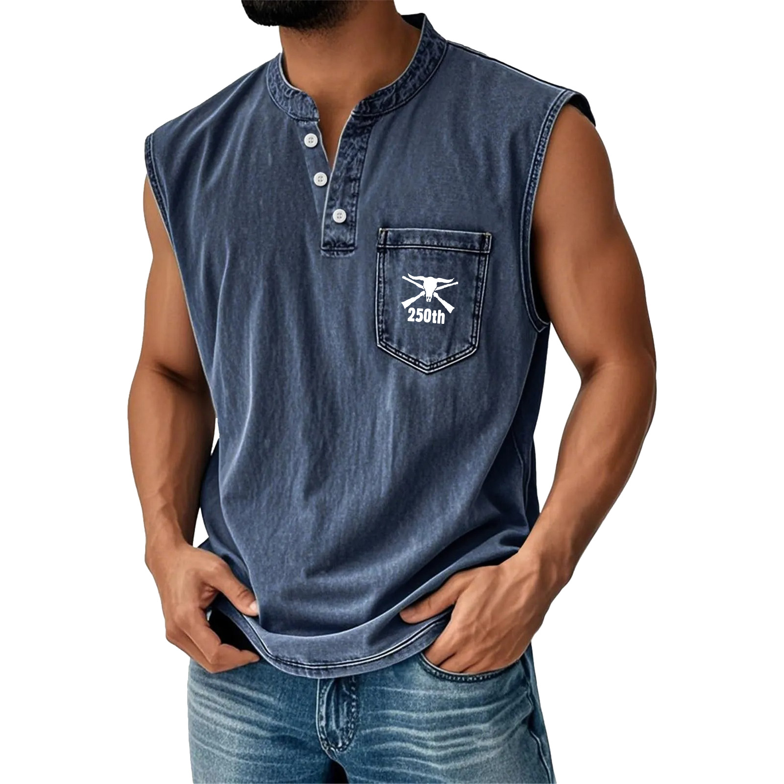Men's Washed Cotton Sleeveless Henley Vest