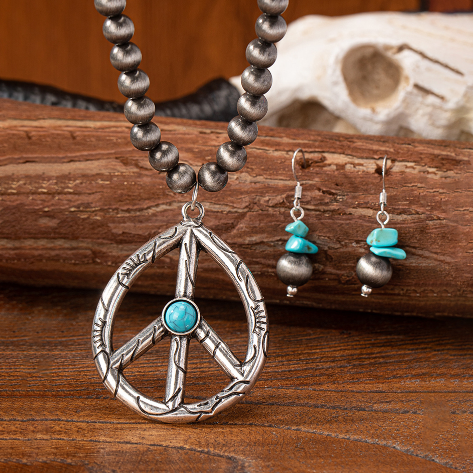 Retro Peace Symbol Water Drop Shape Necklace Earrings Set