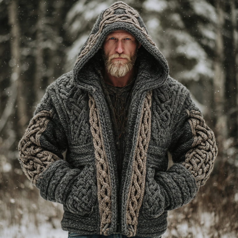 Men's Vintage Viking Celtic Knot Pattern Art Cozy Hooded Jacket