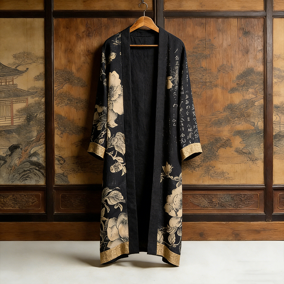 Japanese Art Retro Plants And Flowers Printed Long Cardigan