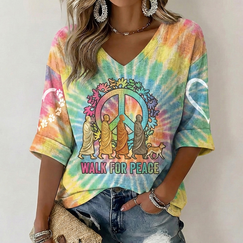 Women's Retro Walk For Peace Monks With Aloka Dog In Hippie Tie Dye Art Print V Neck Linen Tops