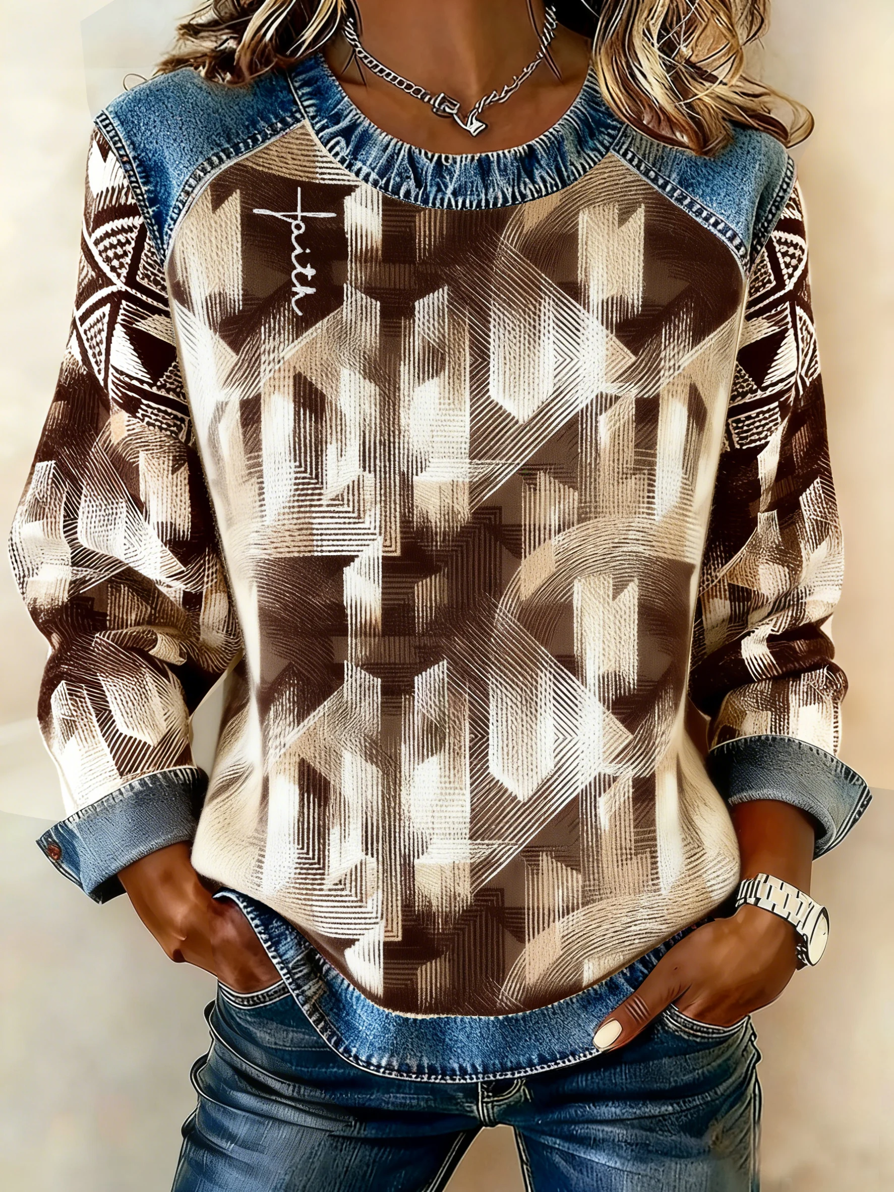 Women's winter ethnic print round neck top-Fast Shipping