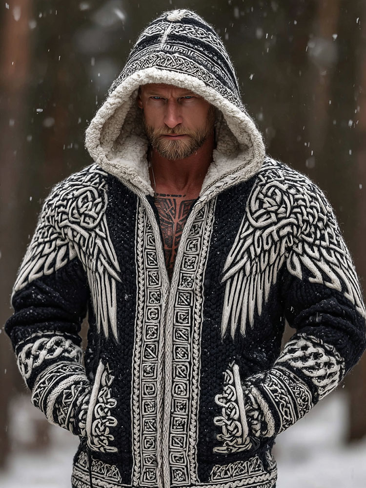 Men's Viking Celtic Knot With Wings Art Cozy Knit Hooded Sweater Jacket
