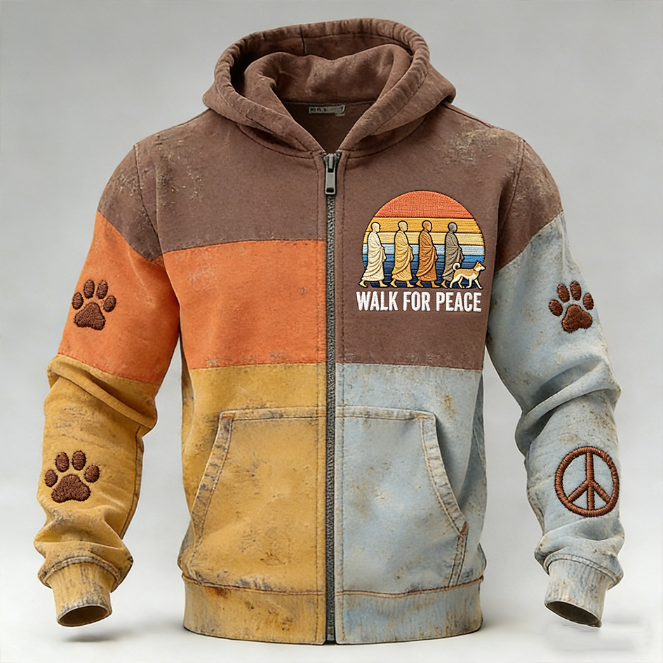 Walk For Peace Slogan Color-blending Design Hooded Sweatshirt Coat