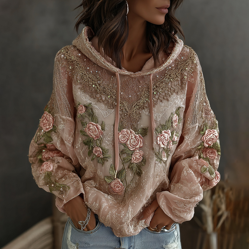 Women's Vintage Floral Embroidered Art Print Casual Hoodie