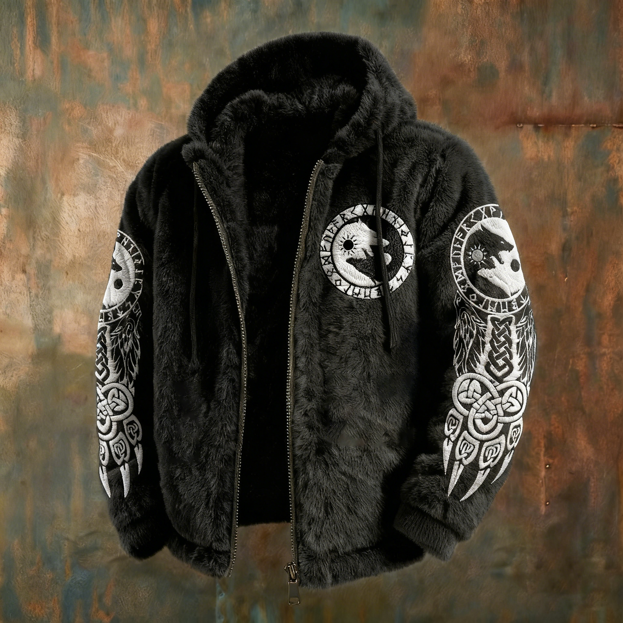 Men's Viking Tribal Jacquard Celtic With Yin-yang Wolf Inspired Plush Warm Zipped Hooded Jacket