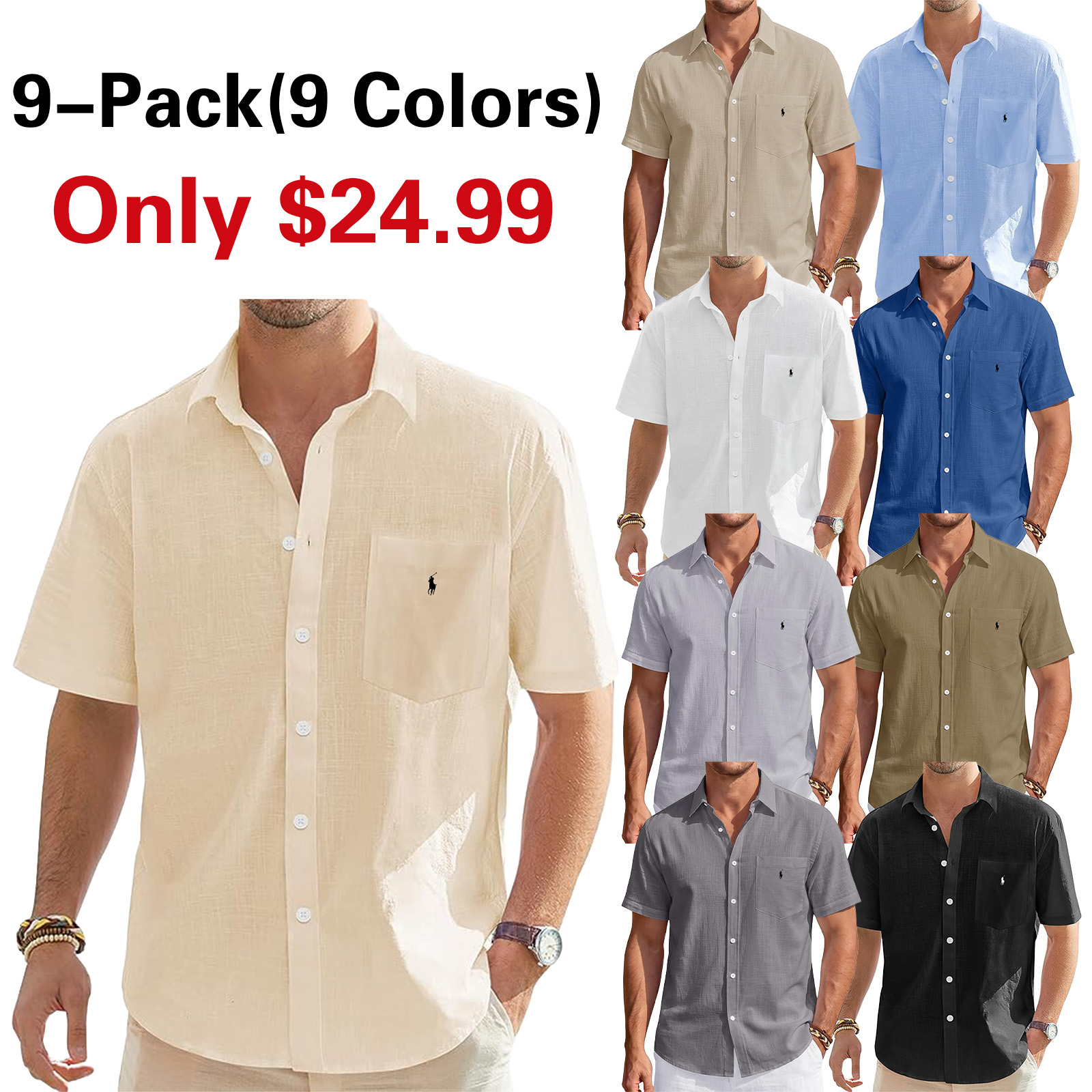 Men's Linen Short Sleeve Shirts Cotton Casual Lightweight Button Down Shirt