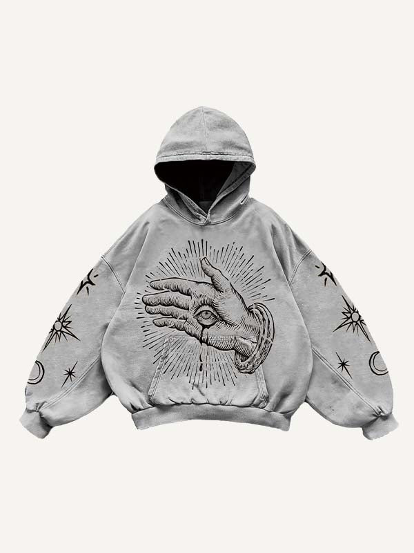 Palm&Eye&Moon&Sun Print Slant Pockets Hoodie