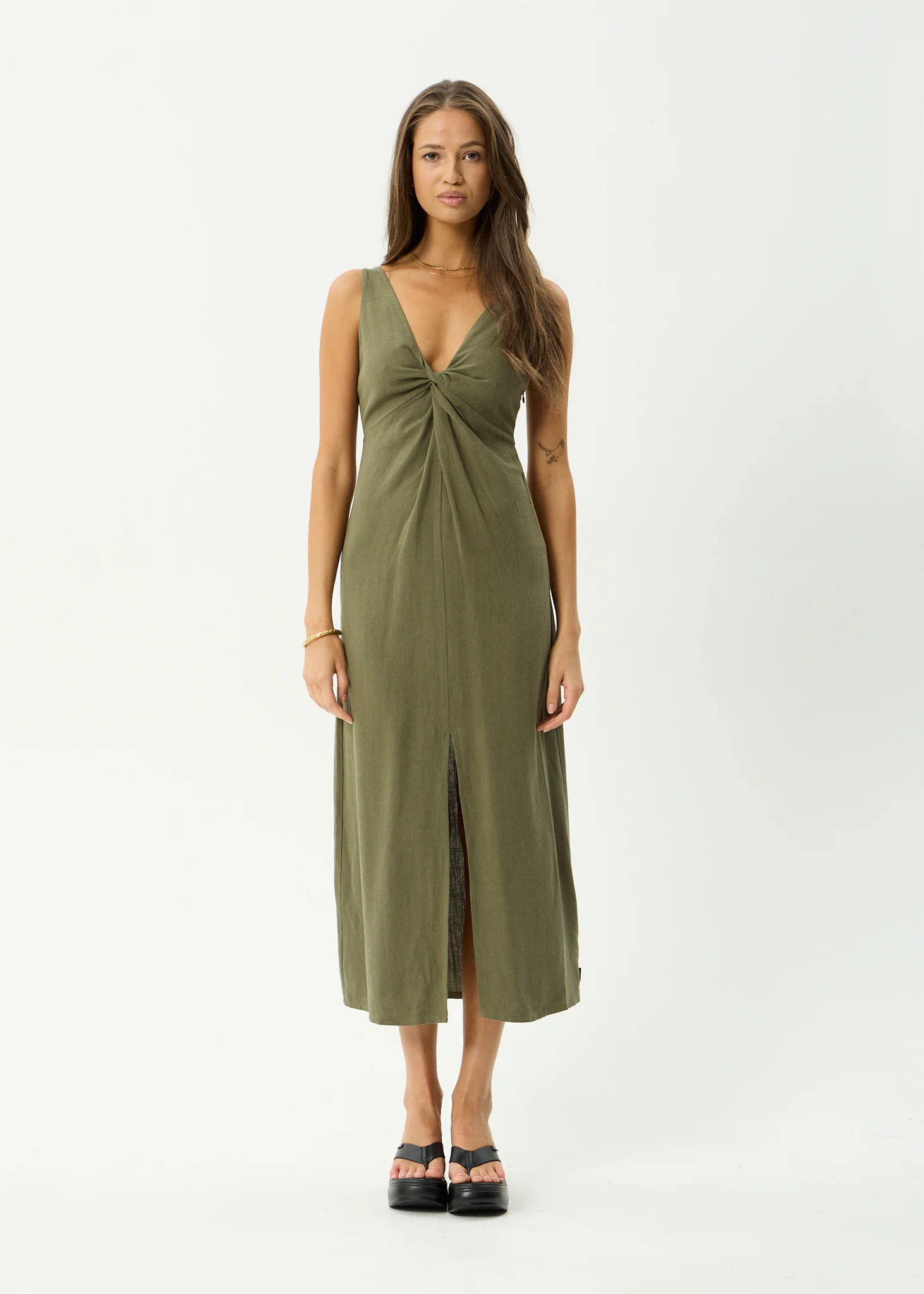 AFENDS Womens Halle - Linen Maxi Dress - Deep Olive