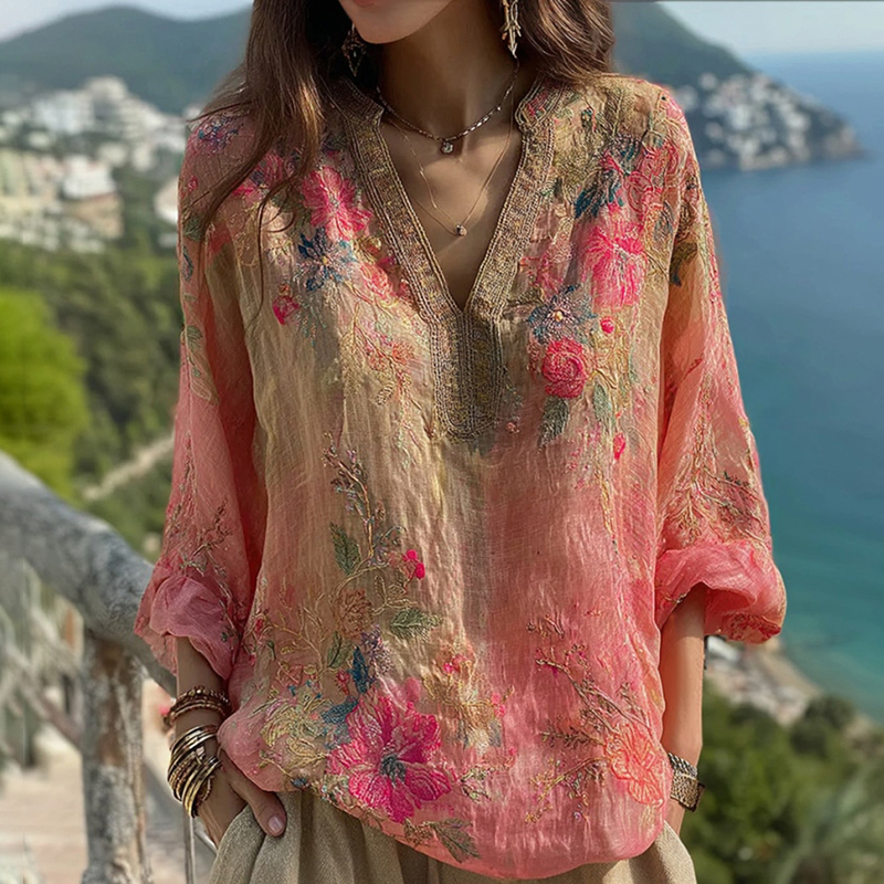 Women's Floral Embroidery Linen V-neck T-shirt