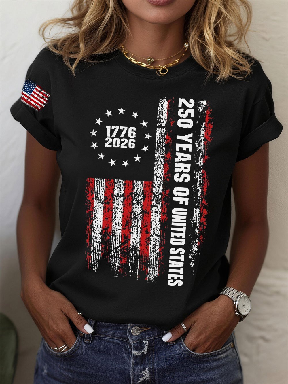 Women’s USA 250th Anniversary Embroidered Print Crew Neck Short Sleeve T-Shirt