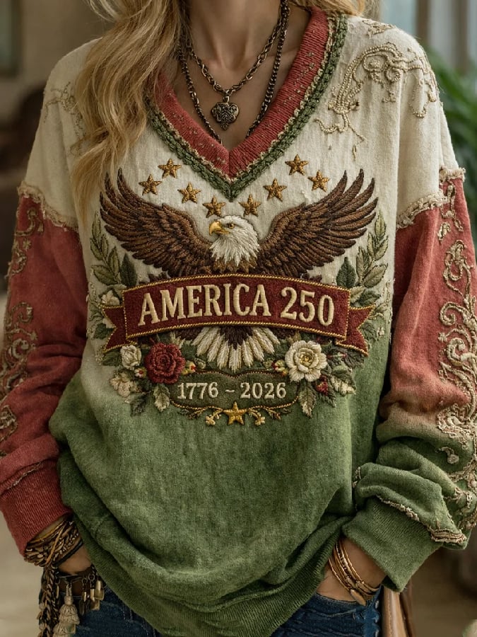 Women's Casual Bohemian American 250th Anniversary Print V-Neck Sweatshirt