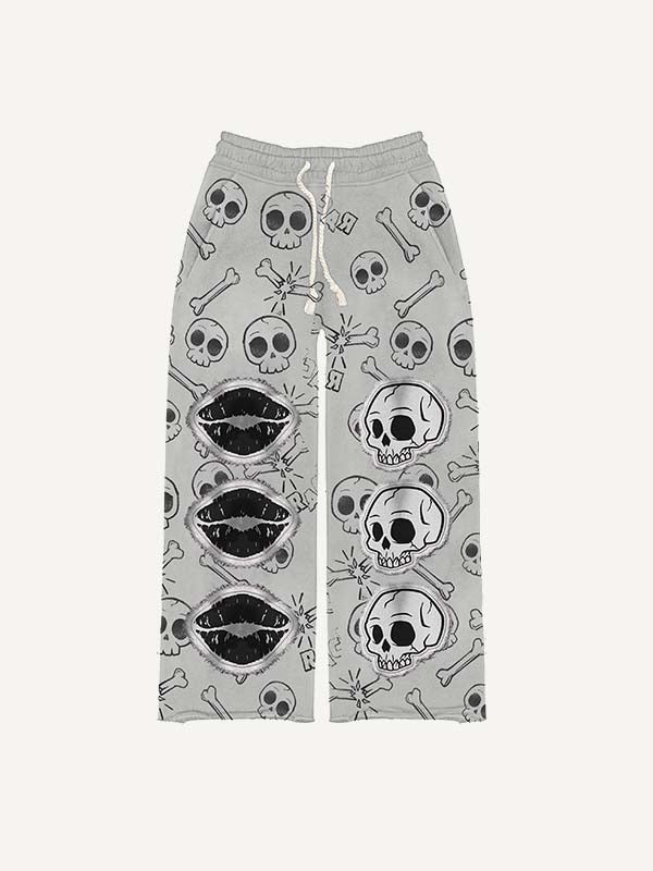 Skeleton&Heart&Lips Faux Decal Print Elastic Waist Pants