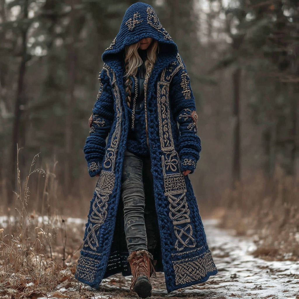 Women's Vintage Viking Celtic Knot Knit Long Sweater Jacket