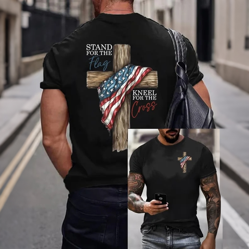 Men's Stand For The Flag Kneel For The Cross Printed Casual T-Shirt