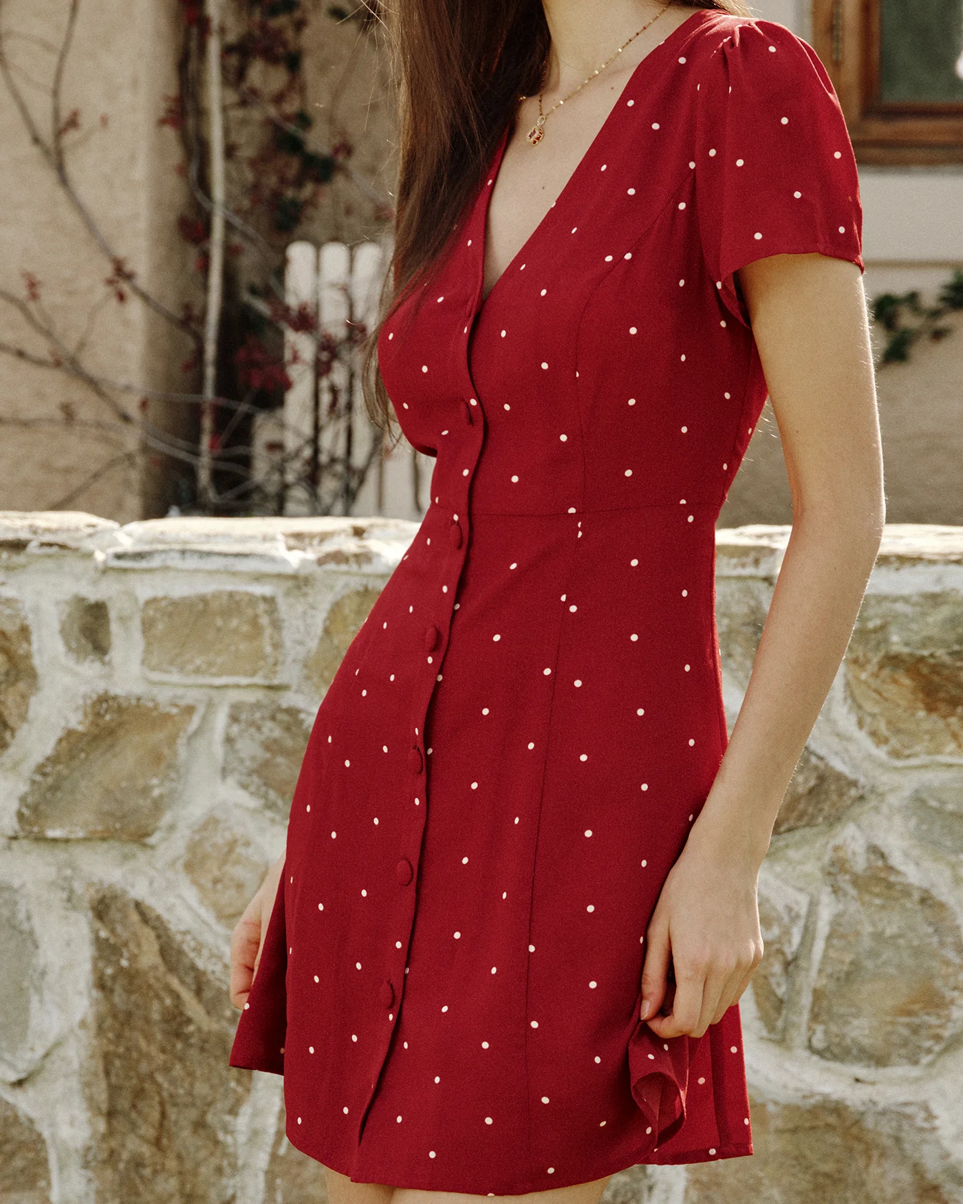 Wine Red V Neck Polka Dot Mini Dress
