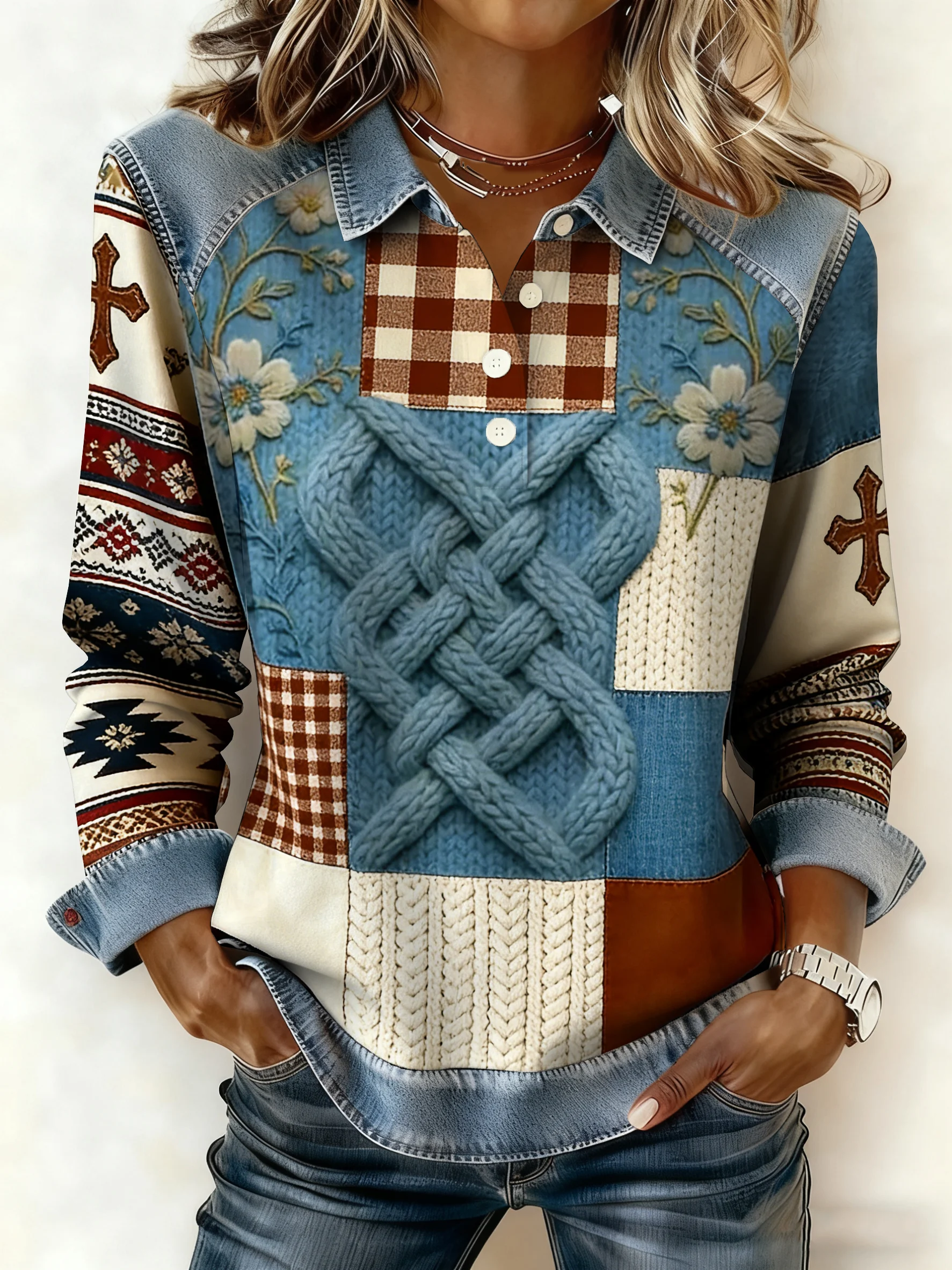 Women's  Retro Style Denim-Like Print Top-Fast Shipping