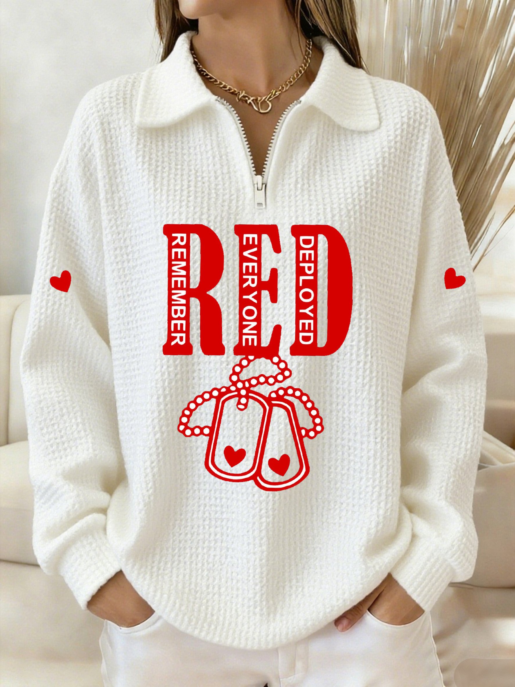 Women's Winter Friday Let's Wear Red Veteran Print Waffle Lapel Top