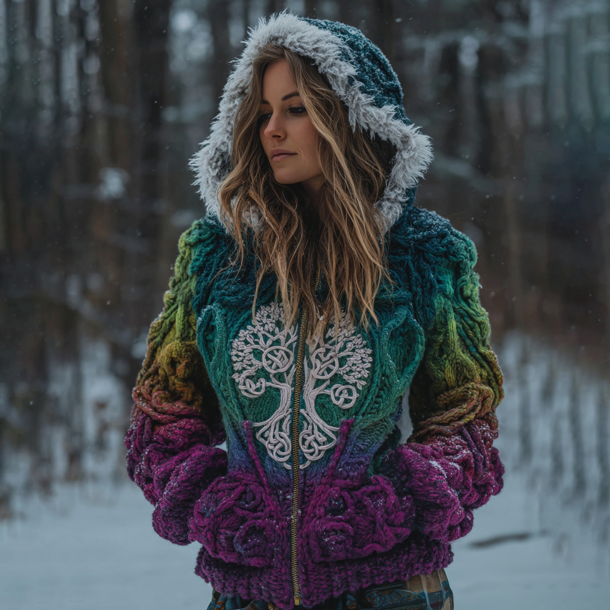 Women's Viking Retro Style Tree Of Life Pattern Knit Hooded Sweater Jacket