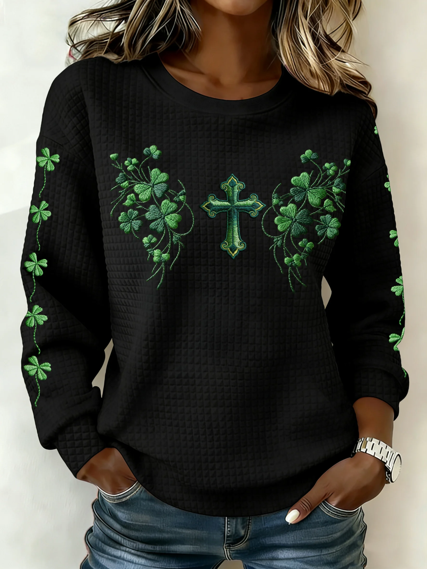 Women's Autumn/Winter Clover Printed Crew Neck Casual Sweatshirt