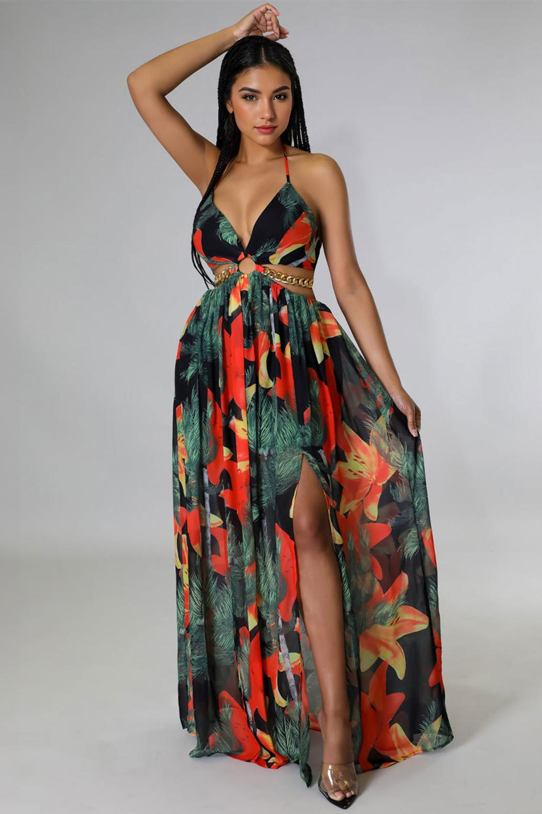 Vibrant Deep V Adjustable Halter Floral Print High Split Maxi Dress