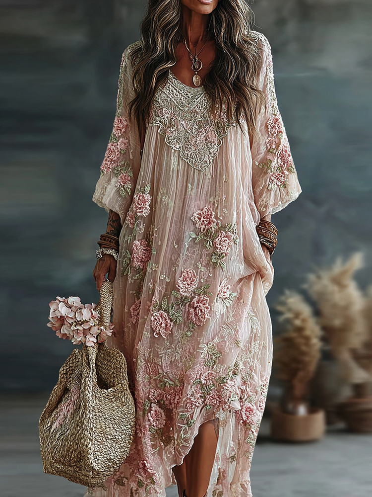 Women's Vintage Floral Art Flowy Linen Blend Casual Long Sleeve Maxi Dress