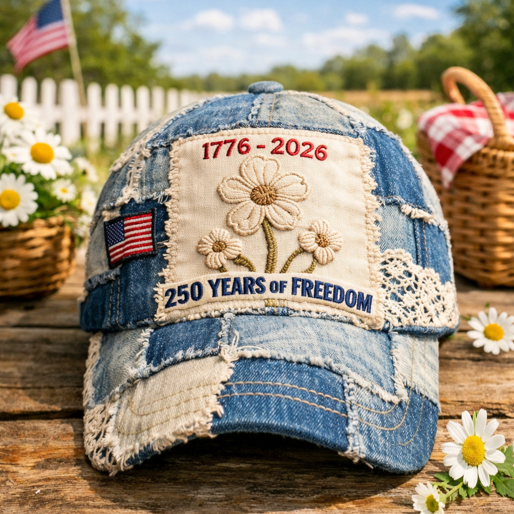 Vintage Patchwork Denim Baseball Cap – 1776–2026 250 Years of Freedom Embroidered Floral Patriotic Hat with American Flag Patch