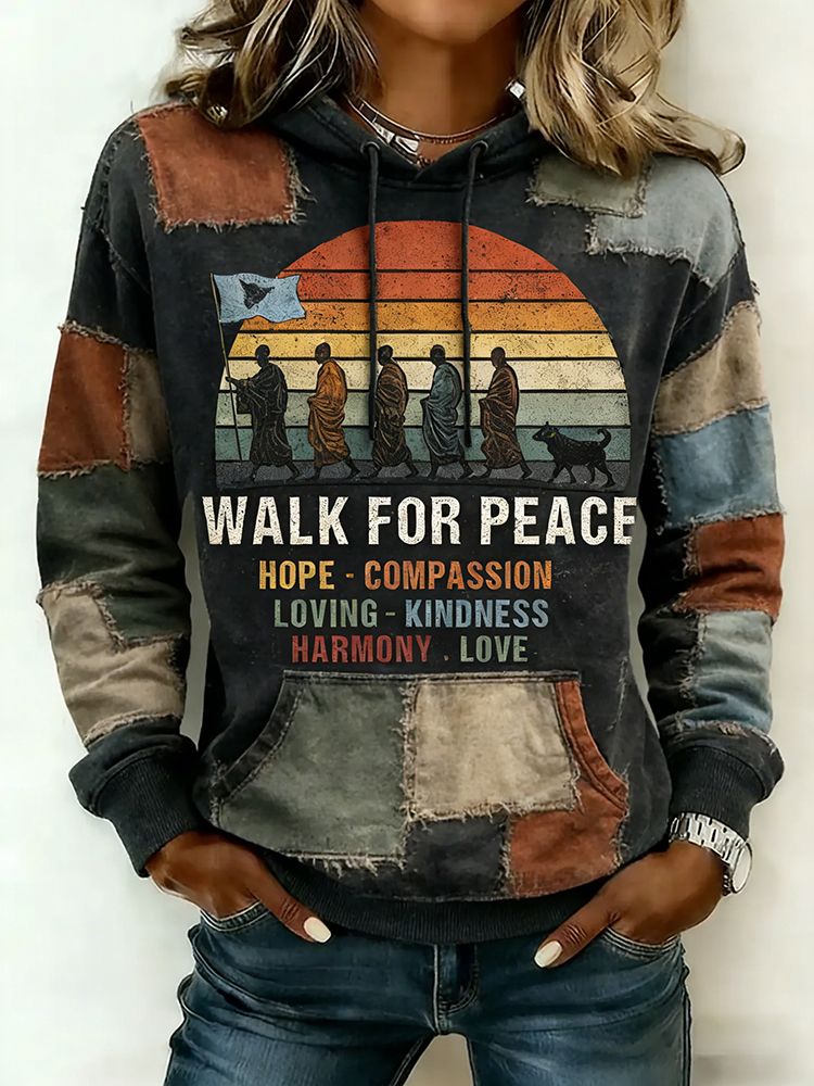 Walk For Peace Artistic Patchwork Print Women's Hoodie