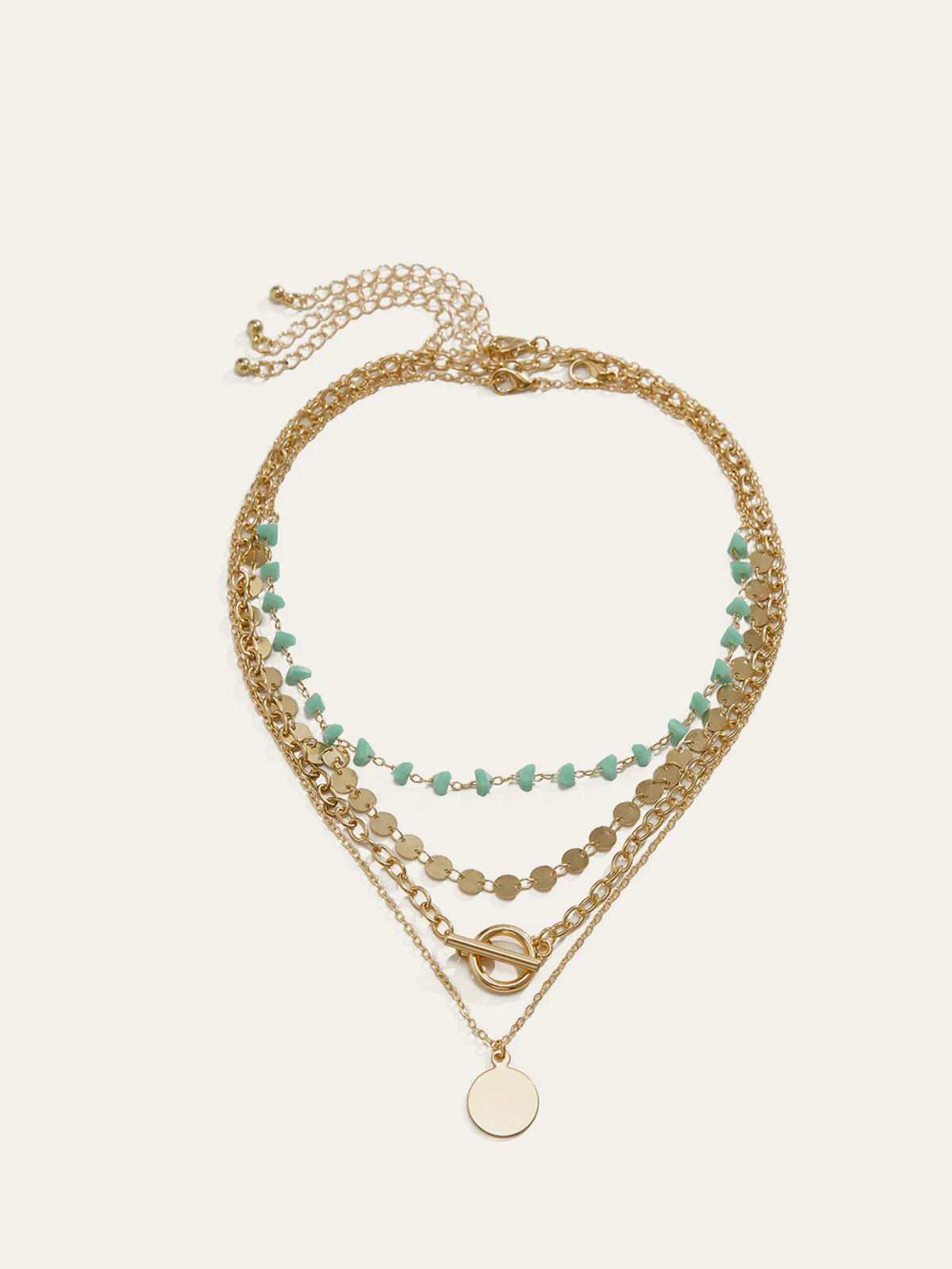 Layered Gold-Chain Necklace With Turquoise Beads And Circular Pendant