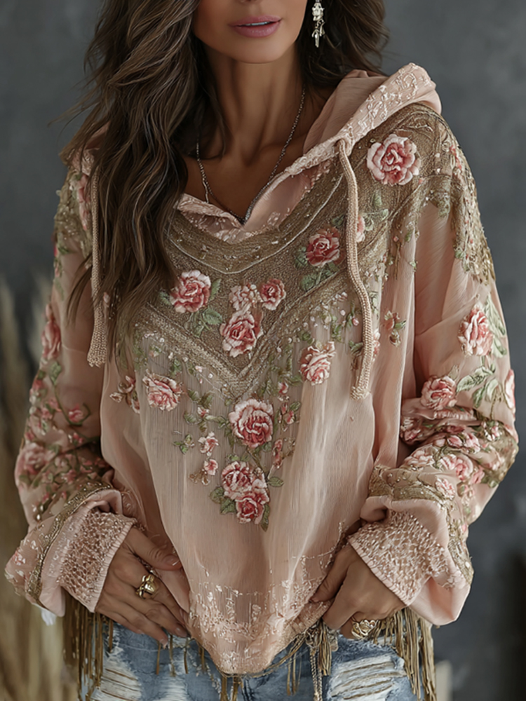 Women's Retro Floral Embroidered Art Print Flowy Linen Blend Casual Hoodie