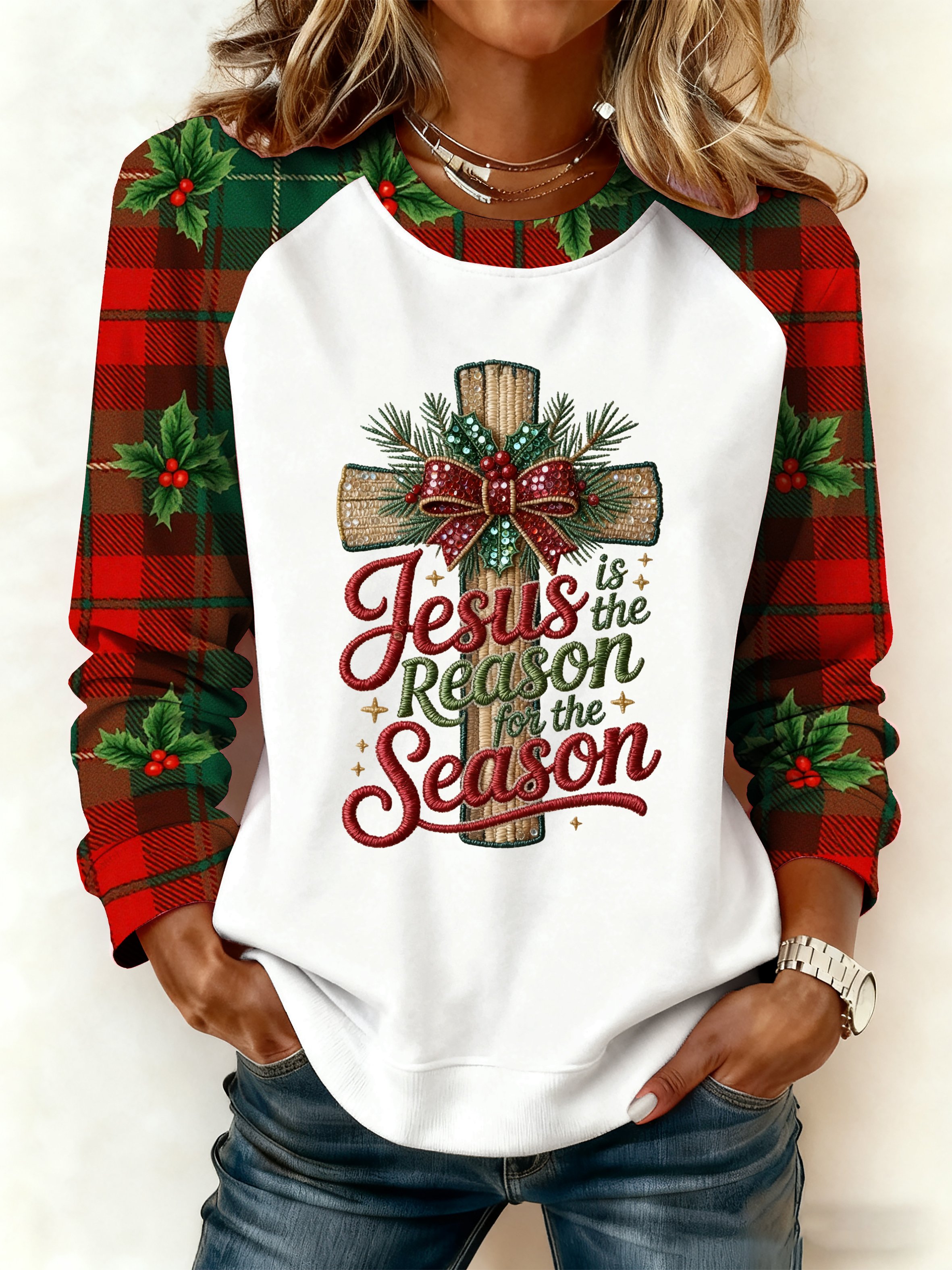 Women's Casual Faith Christmas Contrasting Color Sweatshirt