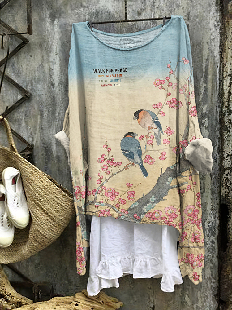 Walk For Peace Peaceful Floral And Bird Art Linen Shirt